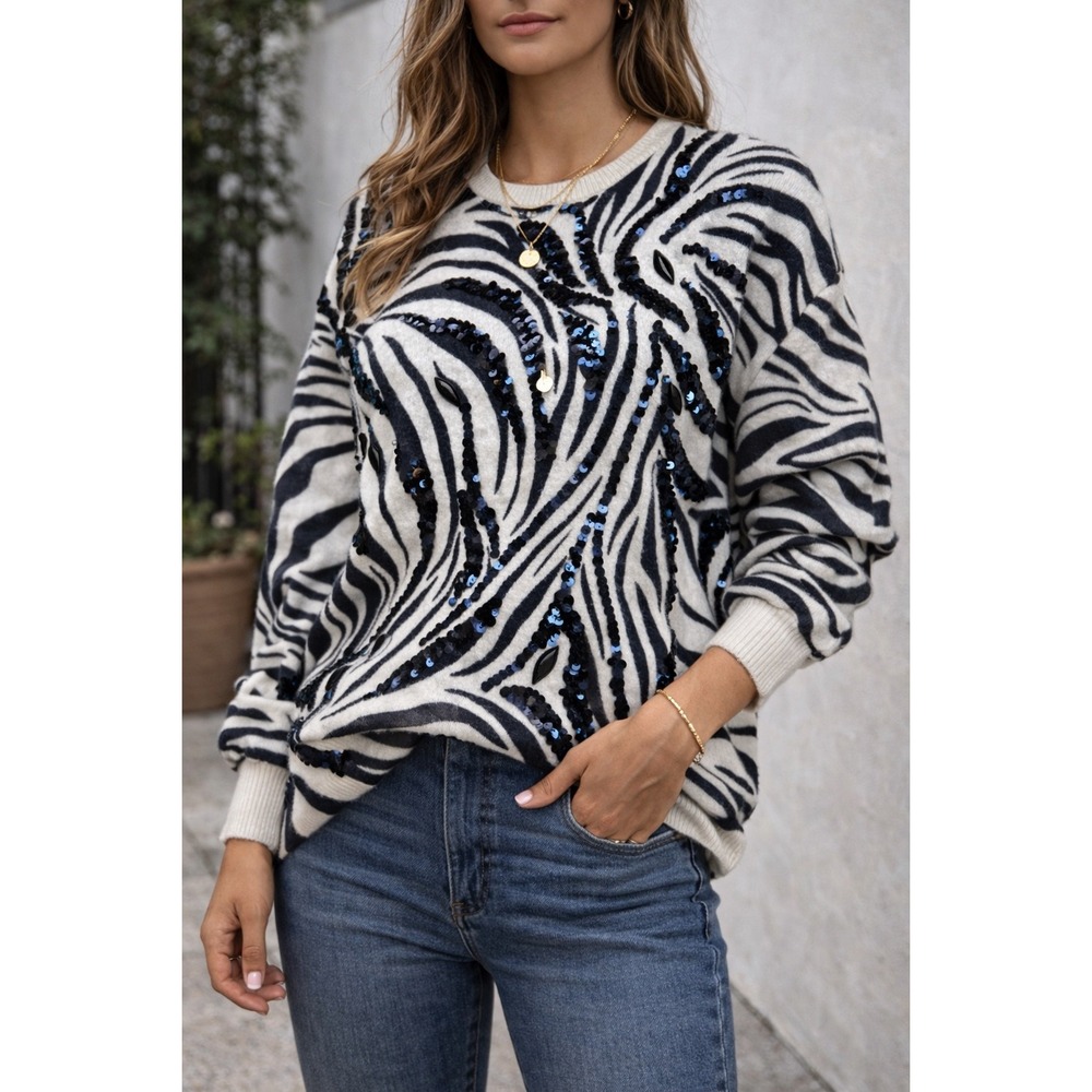 Cedars Vintage Zebra Print Sequin Angora Lambswool Blend Sweater M White Black‎